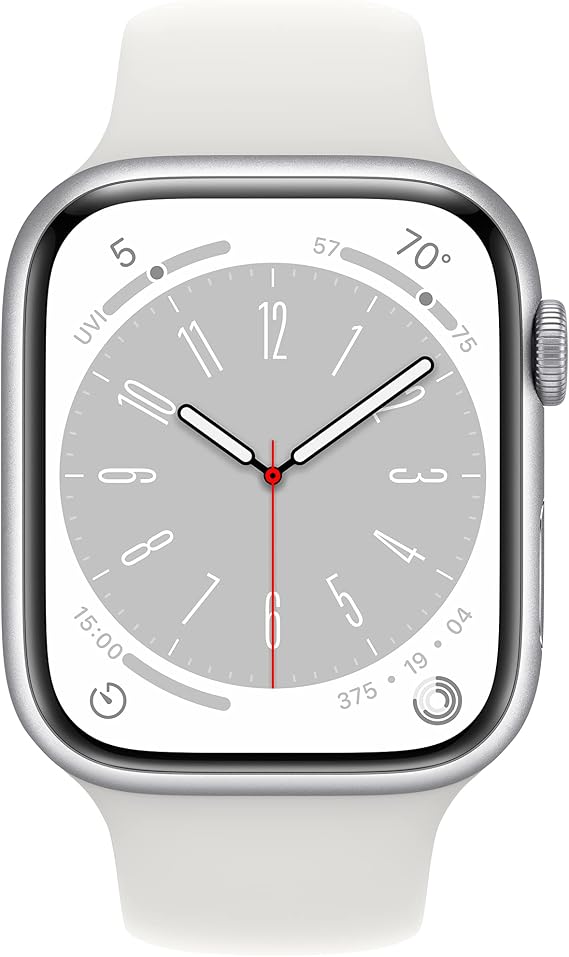 Apple Watch Series 8 [GPS, 45mm] Silver Aluminum Case with White Sport Band, M/L (Renewed)