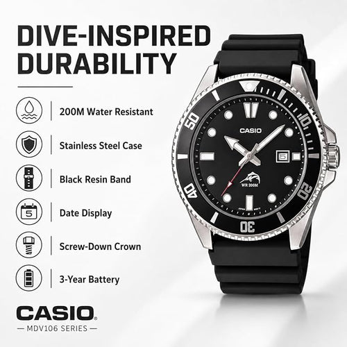 Casio MDV106 Series | Unisex Analog Watch | 200M WR | Stainless Steel Case | Resin Band | 2 Hand Analog (HR, Min, SEC) | Date Display | Screw Down Crown/Screw Down Caseback | 3 Year Battery