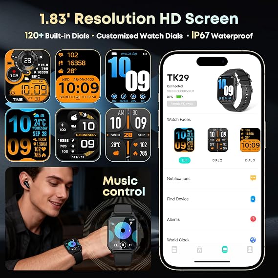Smart Watch for Men, 120+ Sports Modes Smartwatch with 1.83" HD Touchsreen, Sleep Monitor, IP67 Waterproof, Bluetooth Call & Music Control Fitness Watch for