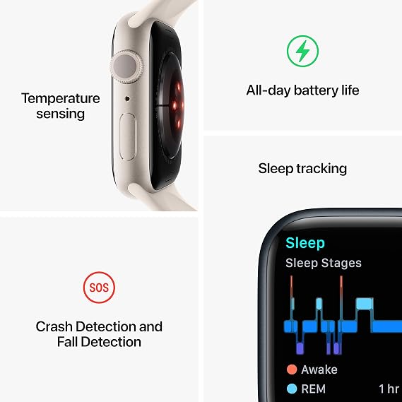 Apple Watch Series 8 [GPS, 45mm] Silver Aluminum Case with White Sport Band, M/L (Renewed)